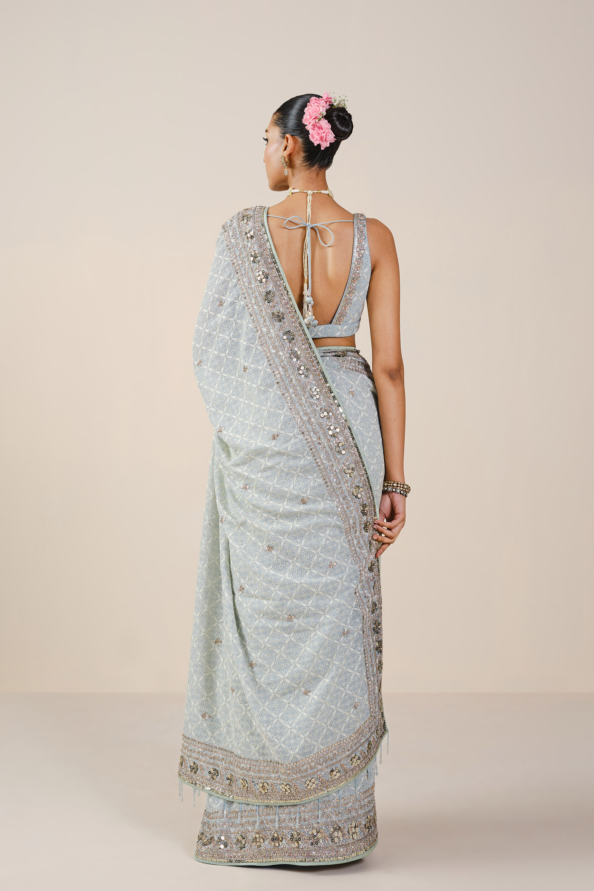 Aaloka Embroidered Georgette Saree, Powder Blue, image 3